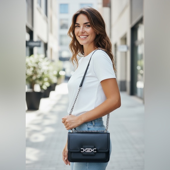 MICHAEL Michael Kors Heather Large Leather Shoulder Bag-Black w/Silver Hardware - Picture 1 of 13